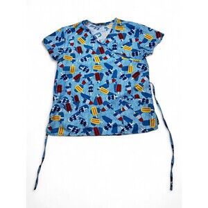 Wear For Care Women's Popsicle Print V-Neck Scrub Top M, Tie Pockets